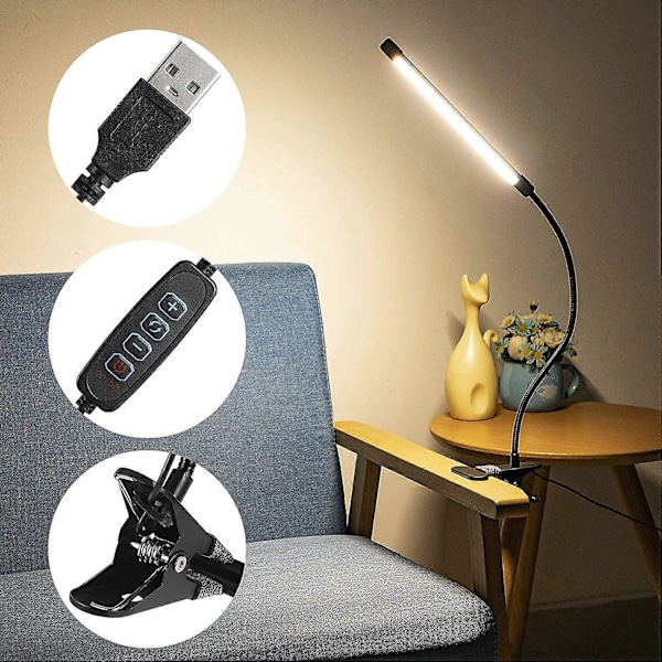 LED-pöytävalaisin puristimella, 10W USB-lukuvalaisin puristimella, 360° joustava joutsenkaula, silmiä suojaava työvalo 3 valotilalla ja 10 kirkkaustasolla