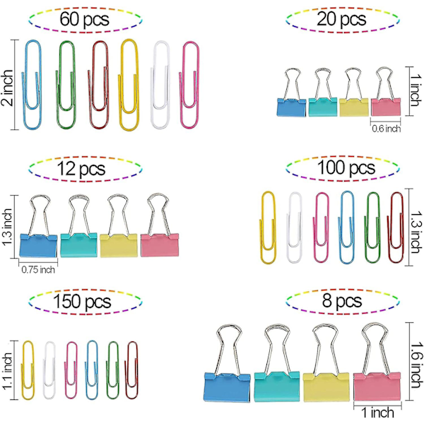 Assorterede papirclips, 350 stk. farvede binderclips, essentielle kontorartikler