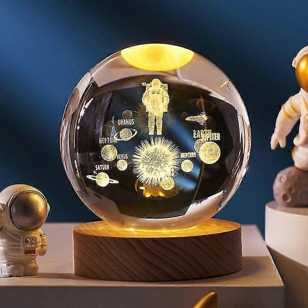 3D Planet Krystalkugle med Træbase, 3D Krystal LED Natlampe, Space Galaxy Krystalkugle Ornament til Hjemmet