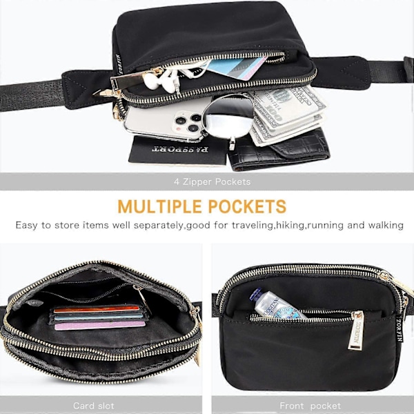 (Svart) Magväskor för Kvinnor Män, Svart Crossbody Magväska, Bältesväska med Justerbar Rem, Trendig Midjeväska för Utomhusbruk/Träning/Resor/Vardag