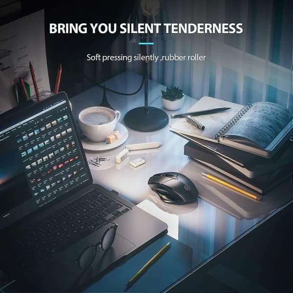 Tyst, uppladdningsbar Bluetooth-mus (tri-mode: BT 5.0/4.0 + 2.4G), synlig batterinivå, grå