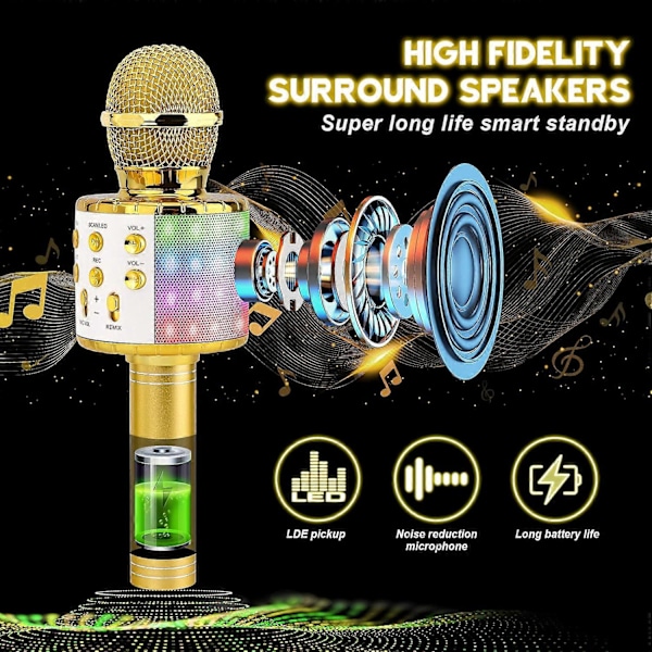 (Svart) Trådlös Karaokemikrofon, Portabel Bluetooth Karaokemikrofon för Barn/Vuxna Sång, Kompatibel med Android/iOS/PC/Smartphone
