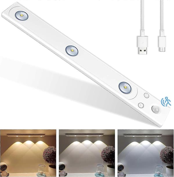 LED Skaplys, Bevegelsessensorlys med 4 Moduser, USB Oppladbart LED Lys med Magnetstripe, for Garderobe, Skap, Trapper