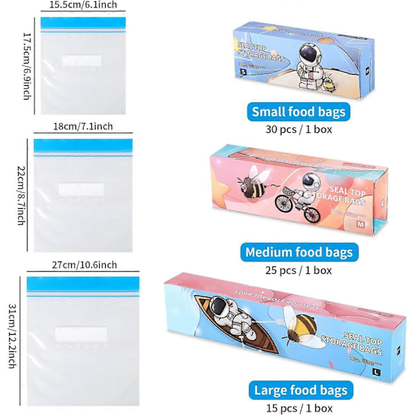 Ziplock-påsar, 3 storlekar återanvändbara fryspåsar, matförvaringspåsar för snacks, frukt, kött, grönsaker, spannmål (70 st.)