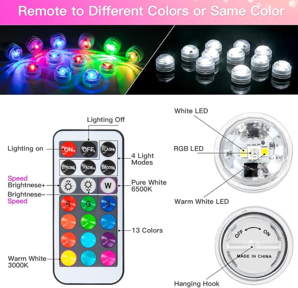 Nedsenkbar LED-lampe, 12 stk. mini LED-lamper vann