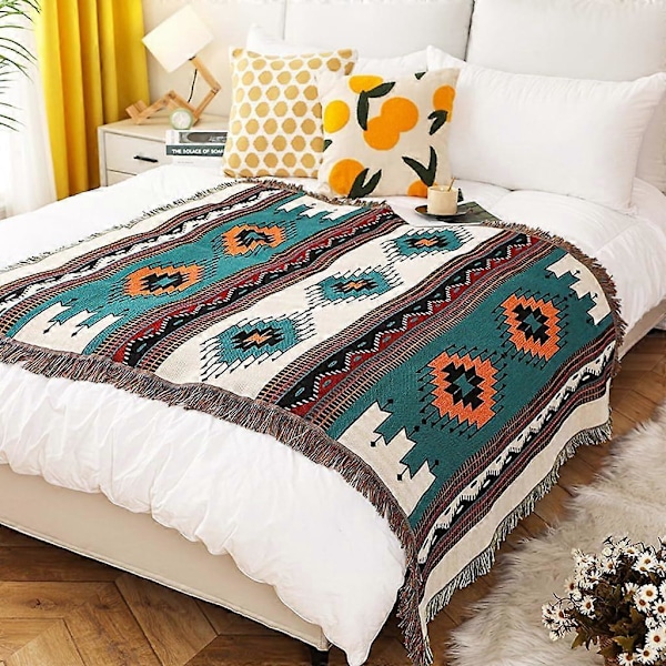 (S) Boho Sofatæppe Aztec Etnisk Stil Vendbart Sofatæppe til Hjemmekontor Rejser Camping