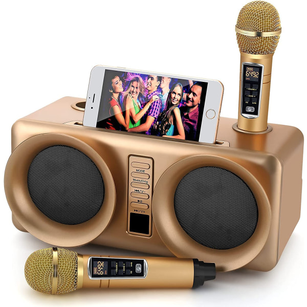 Karaokemaskin Bluetooth högtalare med 2 trådlösa mikrofoner Guld