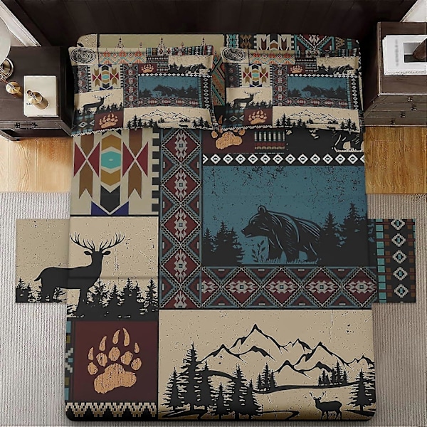 4 Delar Retro Mjukt Mikrofiber Lakan Set för Sovrum Säng Dekor Queen Size