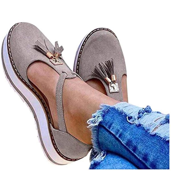 (Grå US 7) Dame Tassel Læder Lukket Tå Platform Sandaler Justerbar Ankelrem Spænde Anti Slip Komfortabel