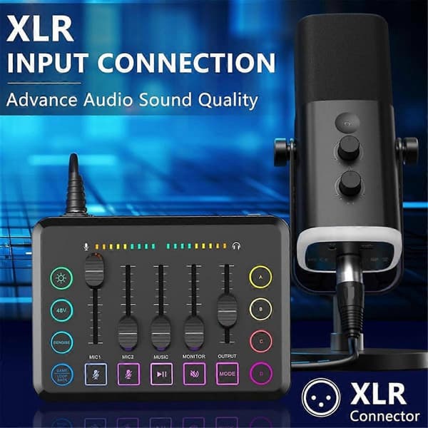 Gaming Audio Mixer, Streaming RGB PC Mixer med XLR Mikrofoninterface, Lydstyrkefader, 48V Phantom Power til Podcast