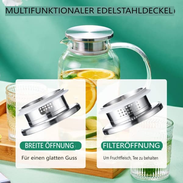 1,8 liters glaskaraff med lock, lätt att rengöra