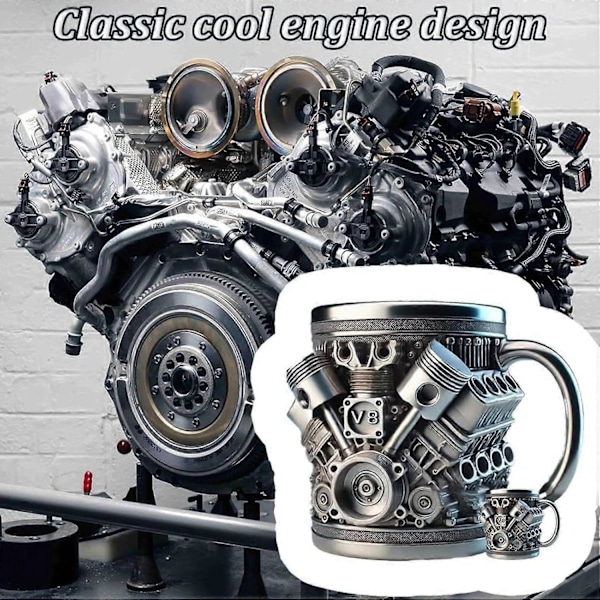 (V8) Rostfri mugg, V8/V6 motorer design rostfri kopp, roliga tåliga stilrena kaffekoppar, lämplig som present till pojkvän eller pappa