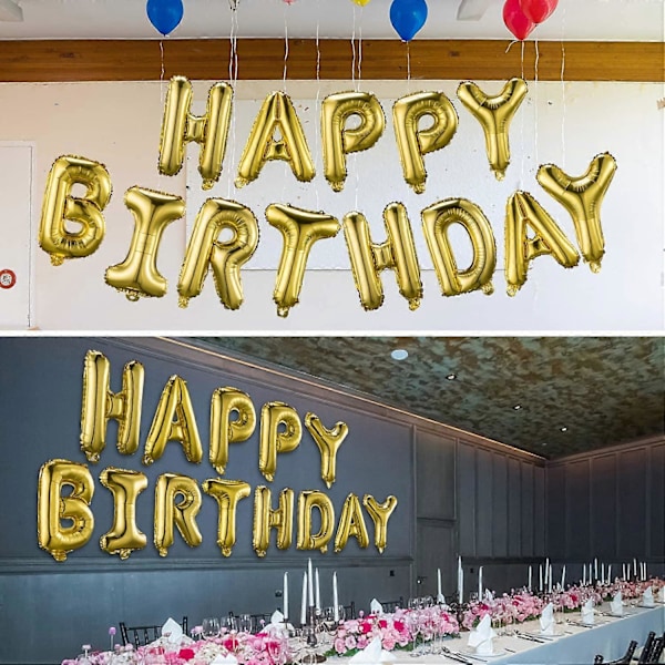 16 tum Grattis på födelsedagen Banner (3D Guld Bokstäver) Mylar Folie Bokstäver | Uppblåsbar Partydekor och Eventdekorationer för Barn och Vuxna | Återanvändbar, Ec