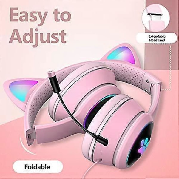Kablet LED Katteøre Headset Gaming Headset for Voksne og Tenåringer, Justerbart Polstret Hodebånd, Avtakbar Mikrofon, Støyreduksjon og RGB-lys (Svart, US