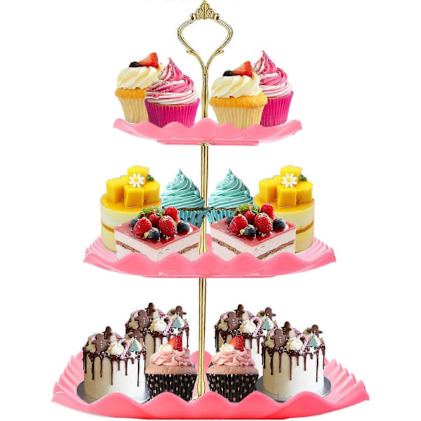 Dessert Cupcake Ställ, 3 Vånings Cup Cake Hållare Torn för Te-party/Födelsedag/Bröllop, Plast Vånings Serveringsbricka med Metallpinne, Rosa