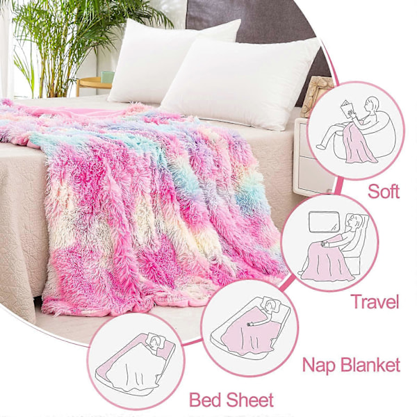 Sød plaid, 160x200cm regnbue plaid, blød, fluffy og varm imiteret pels vendbar plaid sofa plaid stue plaid, 200*230cm