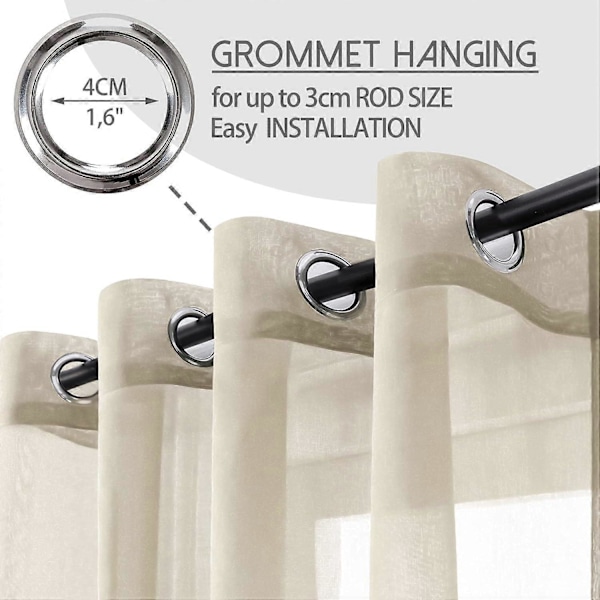 2 stk. Beige Gennemsigtig Voile Gardiner 150x250 cm Halvgennemsigtig Øjet i Hør Effekt Boligindretning til Stue Vindue Moderne Soveværelse Køkken Altan