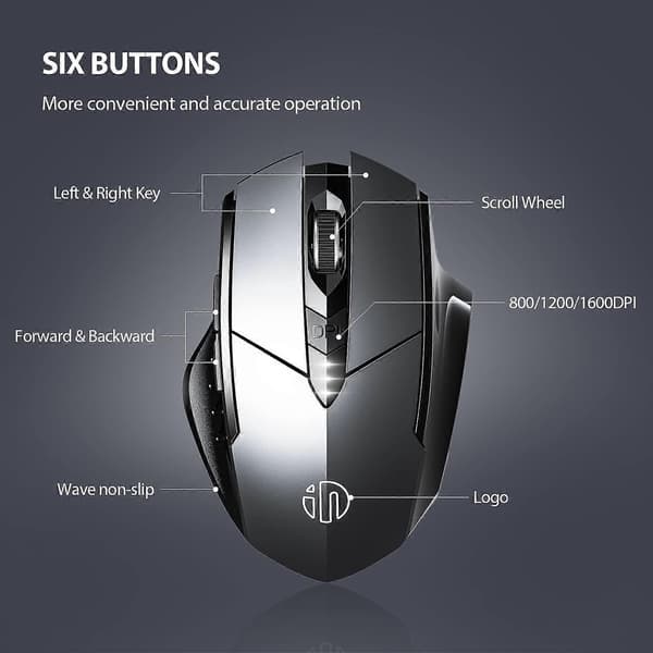 Stille oppladbar Bluetooth-mus (tri-modus: BT 5.0/4.0 + 2.4G), synlig batterinivå, grå