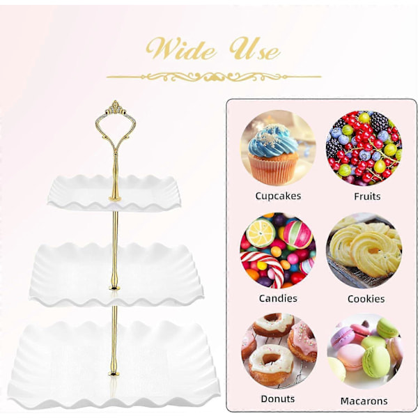 Dessert Cupcake Stativ, 3-lags Cup Cake Holder for Teselskap/Bursdag/Bryllup, Plast Trapp Serveringsbrett med Metallstang (Hvit)