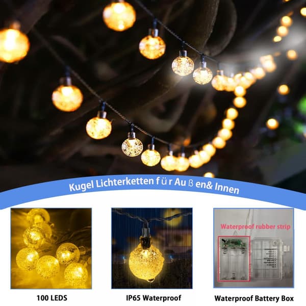 Utendørs lyslenke med USB-plugg, 12m, 100 LED-kulelyslenke