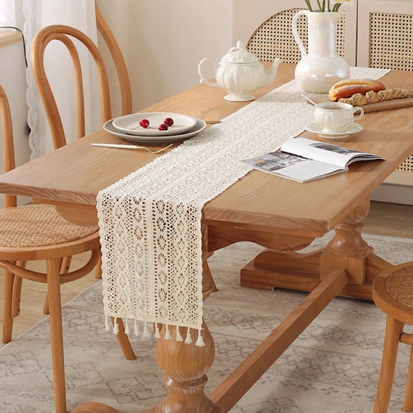 Boho bordslöpare, beige bordslöpare med tofsar
