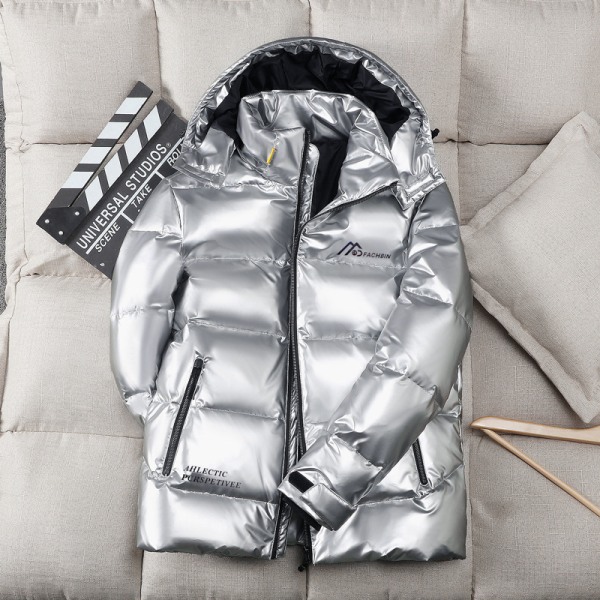 Vinter varm glänsande dunjacka hoodie för män Silver 2XL