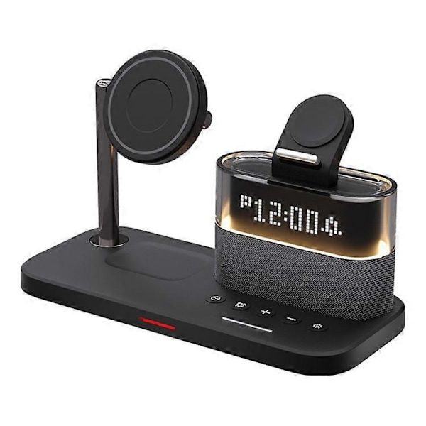 (Svart) C09 Trådløs Ladestasjon for Telefon / Airpods / Apple Watch med Vekkerklokke og Nattlys