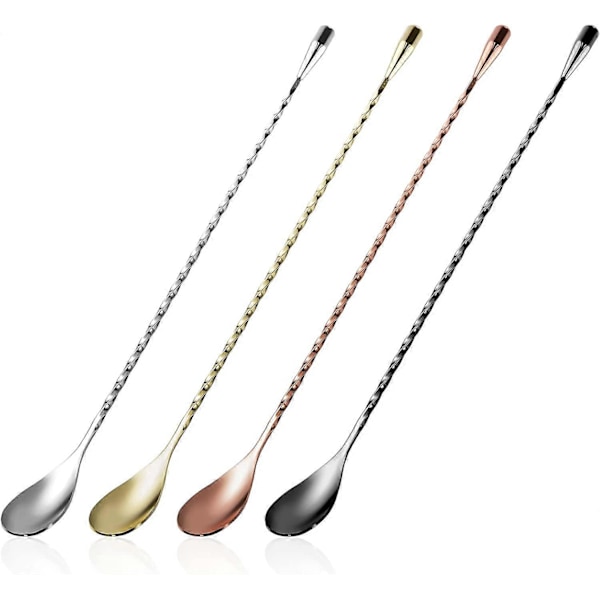 Cocktail-skje i rustfritt stål, langskaftet barskje med spiralmønster, profesjonelle cocktailrørepinner 30 cm 4 stk (4 farger)