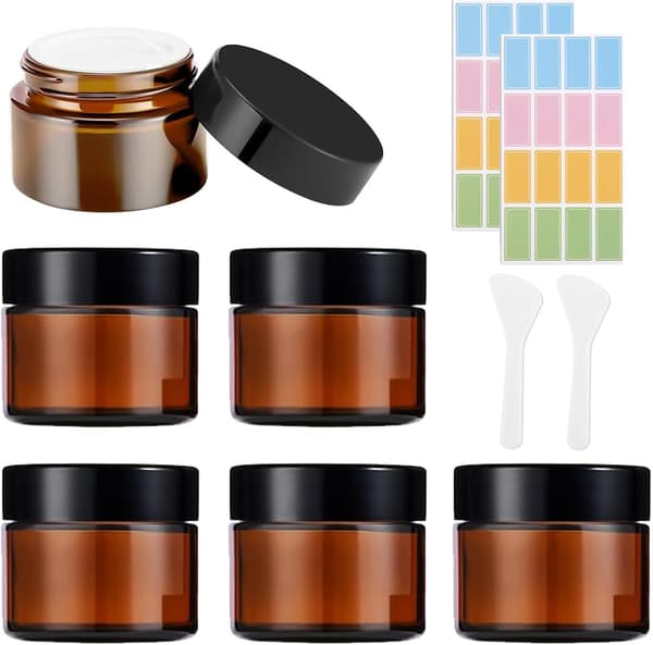6 glasbeholdere, 50 ml cremebeholdere til påfyldning, ravfarvede glascremebeholdere