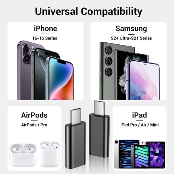 Temdan 4-pak Lightning til USB-C adapter til iPhone 15/16/17 Pro/17 Pro Max, til iPhone 17/16 oplader, 17/16 tilbehør, hurtigopladning og dataoverførsel