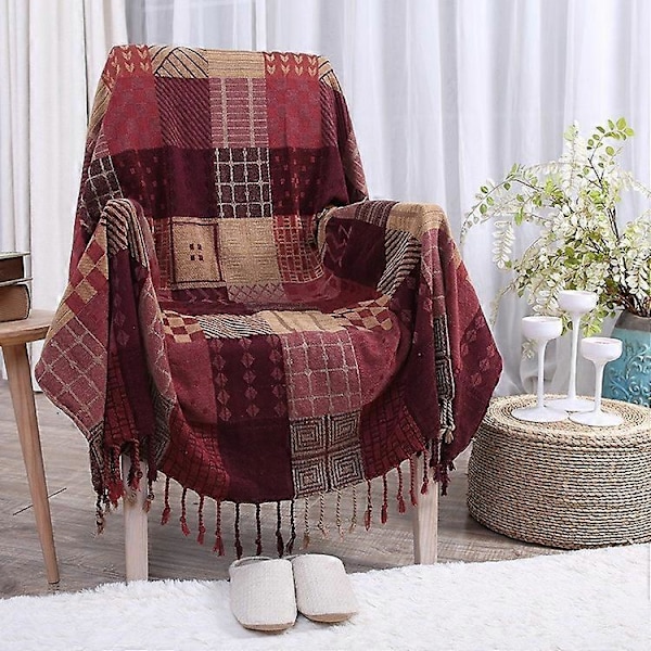 Chenille Vævet Tæppe, Dobbeltsidet Patchwork Sengetæppe med Frynser, Boheme Sengetæppe, 220x260cm, Rød, Elegant og Blød til TV, Sofa, Lænestol, Seng