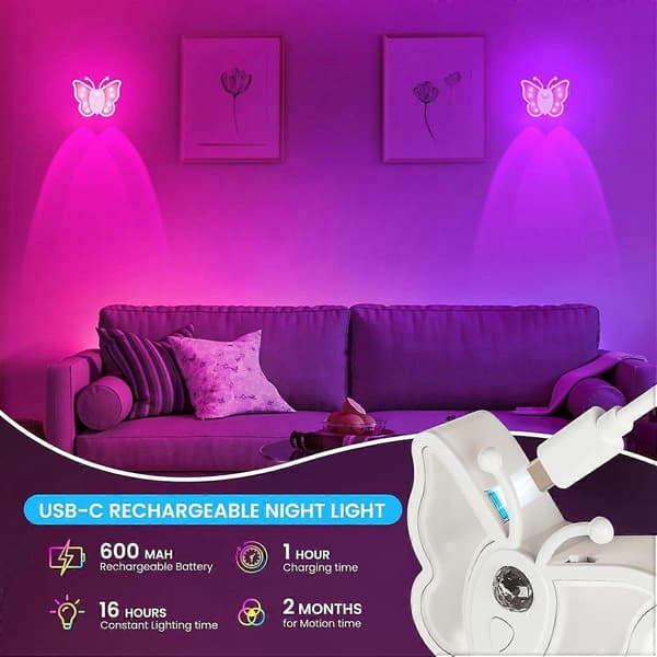 Butterfly Nattlampe for Barn - Oppladbare LED Nattlamper med Bevegelsessensor, 2 stk.