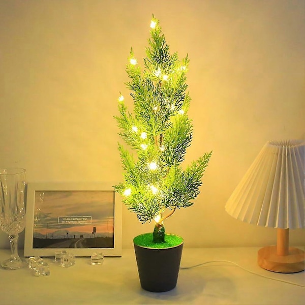 Bordlampe til Rumindretning, Kreativ Pottet Planteform, Naturlig Stil Lampe til Natlys, Simulerede Grønne Planter Natlys Gaver (Cypress)