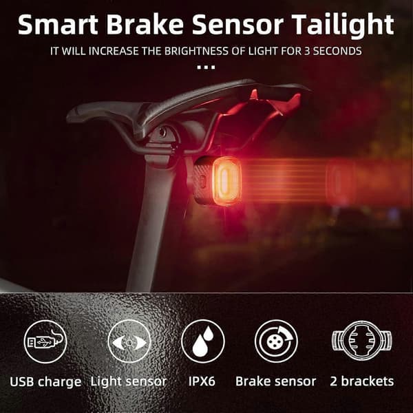 Smart sykkelbaklys for nattkjøring, bremsesensor, USB