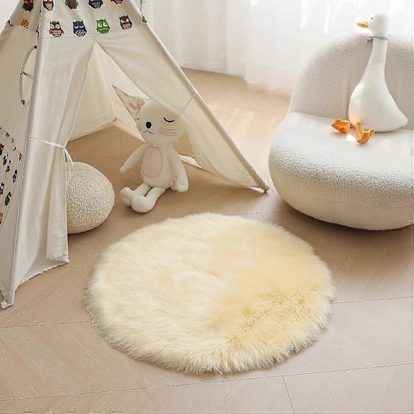 Rund Fuskpälsmatta, Fårskinnsimitation, Fluffig Golvmatta, för Sovrum Vardagsrum, Ljusgul - 50 cm Diameter
