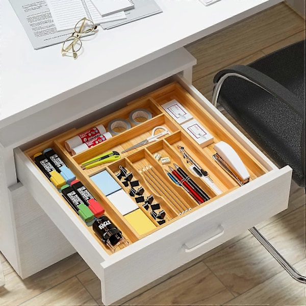 Udtrækkelig bestikbakke i bambus til køkkenredskaber og bestikorganisator 34,3-50,5 x 44,7 cm Gul
