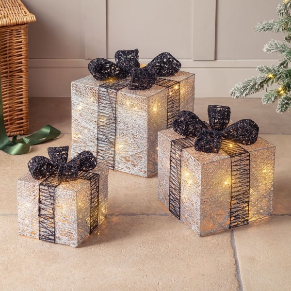 Set med 3 glittrande bomull Light Up Julpaket Silver