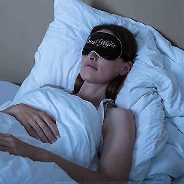 (Svart) 1 st sömnmask i siden ögonmask lätt justerbar nattmask satin ögonbindel med 2 förvaringspåsar för kvinnor män