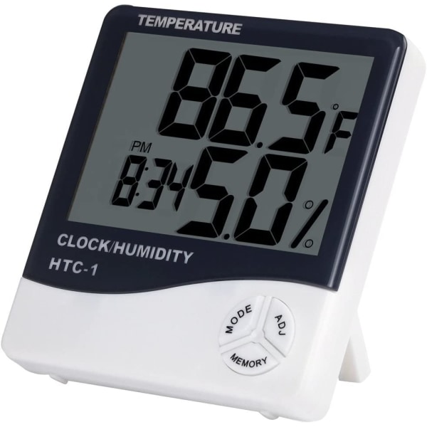Digital inomhustemperatur- och luftfuktighetsmätare med väckarklocka HTC-2 med ett batteri