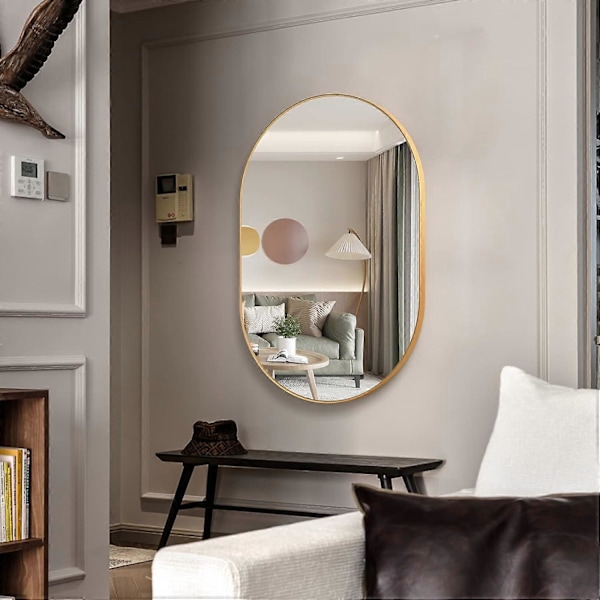 Oval spejl, 40x60 cm ovalt badeværelsesspejl, unikt vægspejl, guld makeup-spejl til stue, badeværelse, soveværelse, entré