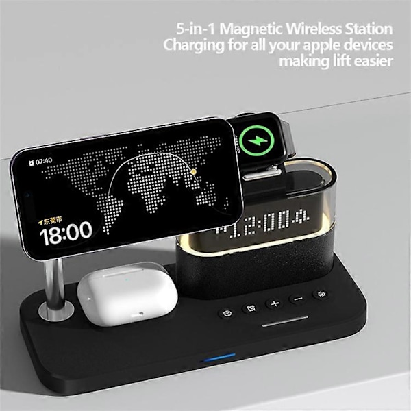 (Musta) C09 Langaton latausasema puhelimelle / Airpodeille / Apple Watchille herätyskellolla ja yövalolla