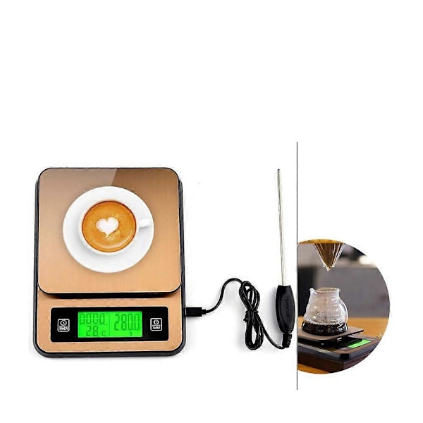 Elektronisk våg för handbryggt kaffe med timer, termometer, vägning, rostning, köksvåg 2kg-0.1g guld