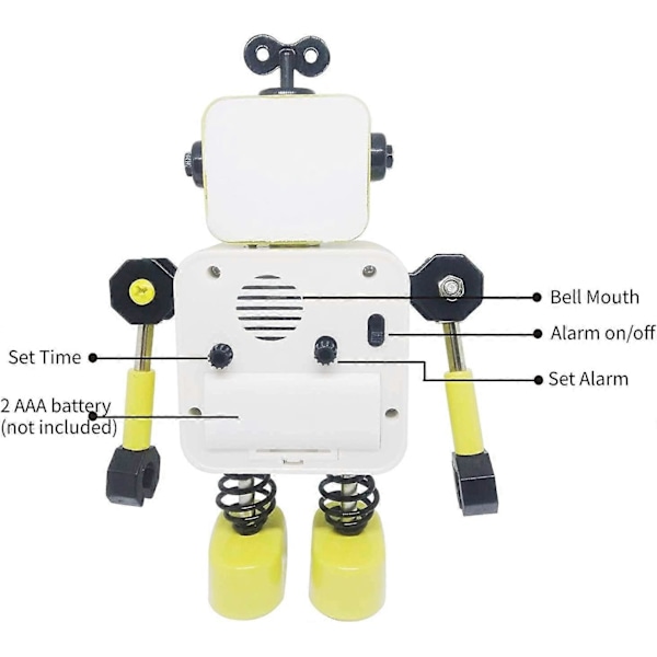 Gul Robot Väckarklocka, Tyst Väckarklocka i Rostfritt Stål med Blinkande Lysande Ögon och Roterande Arm, Barnpresent