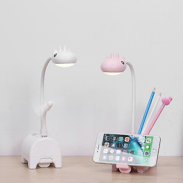 Rosa LED Skrivebordslampe for Barn, Trefarget Dimbar Skrivebordslampe, Berøringsbryter/USB-tilkobling/Pennholder, Leselampe for Barnerom, Studier, Arbeid