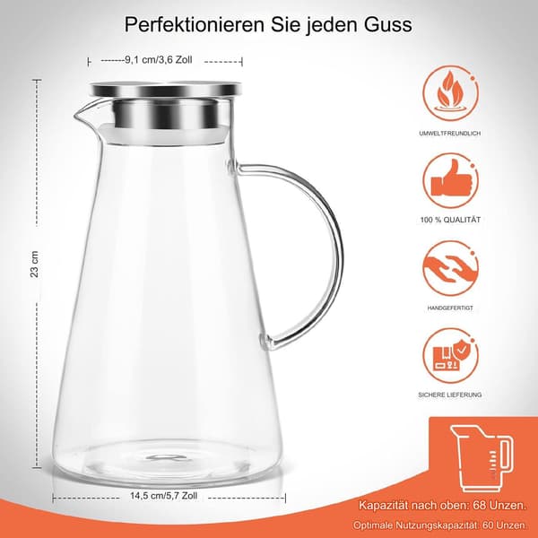 Glaskaraffel/kande, 2 L, med låg, til varmt eller koldt vand