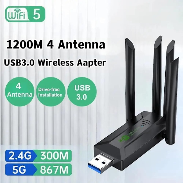 1200Mbps WiFi USB-adapter Dual Band 2.4G + 5Ghz Wi-Fi-dongle 4 Antenne 802.11AC USB3.0 Højhastigheds Trådløst Netværkskort