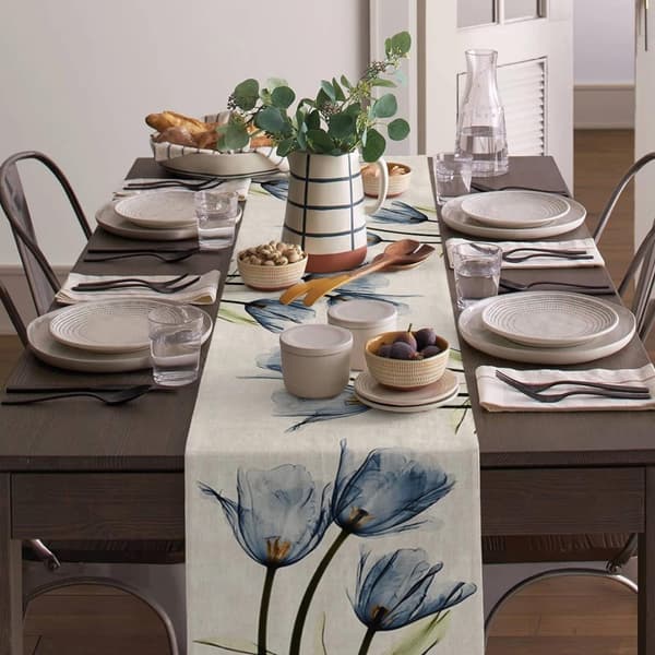 Blå blommig bordslöpare för vardagsrum, tulpaner, halkfri, 33x183cm