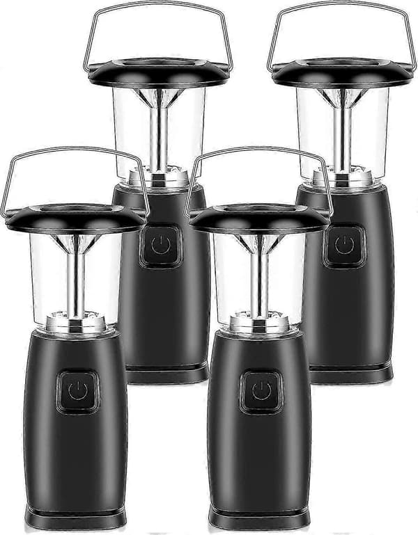 (4 STK Sort) Solar Håndsving Dynamo Camping Lanterne - Bærbar 6 LED Optrækkelig Lampe Dynamo Lommelygte Med Sammenklappelig Krog Camping Lanterne Lys