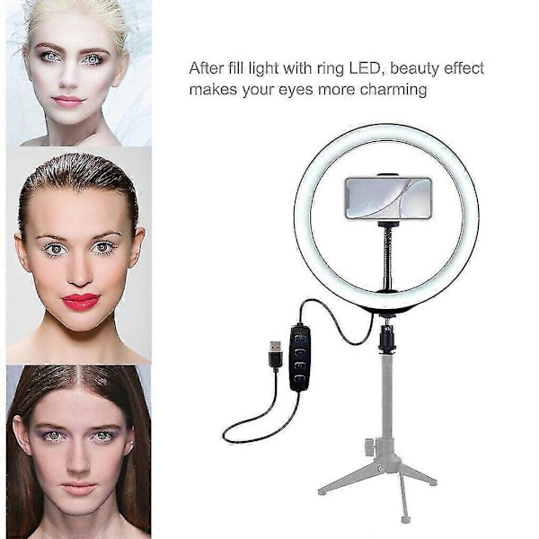 LED Ring Light med Stativ Kit, USB Dæmpbar 10 Tommer til Selfie Videoer