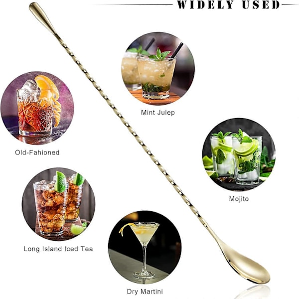 Cocktail-skje i rustfritt stål, langskaftet barskje med spiralmønster, profesjonelle cocktailrørepinner 30 cm 4 stk (4 farger)